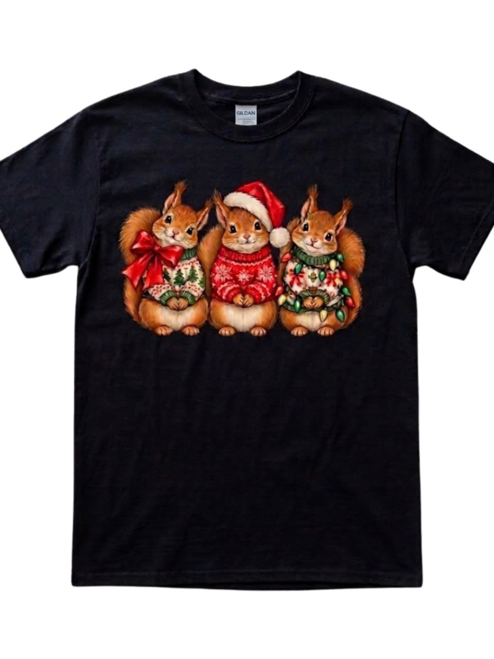 Gildan Black T-Shirt with Christmas squirrel cute animal lover Xmas